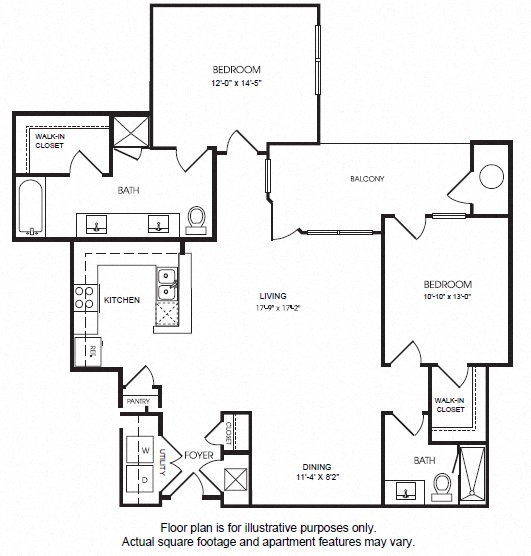 Floor plan for 2 beds, 2 baths, 1352 sqft